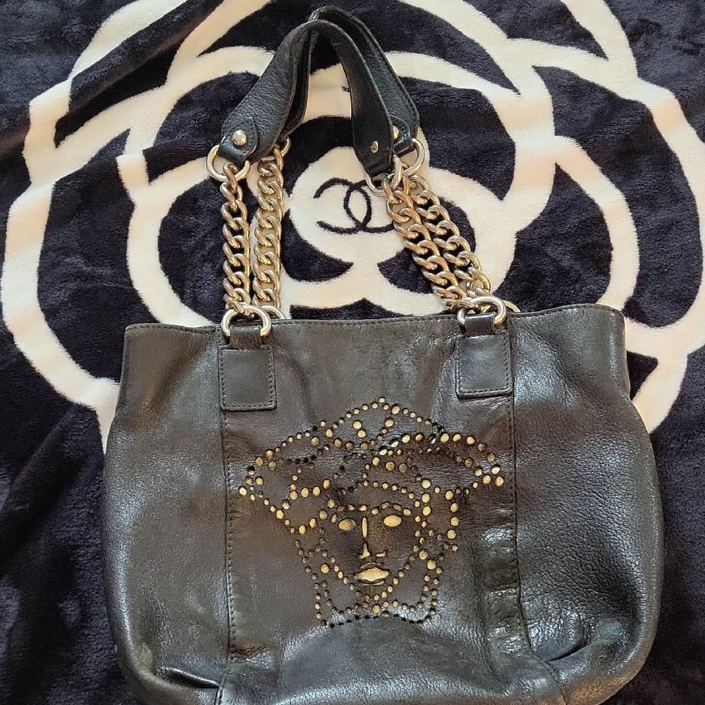 Versace Black Leather Studded Tote with Gold Chain Handles